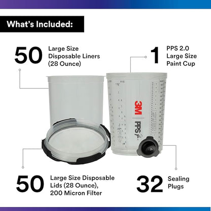 3M PPS 2.0 Spray Gun Cup, Lids and Liners Kit, 26024, Large, 28 Ounces, 200-Micron Filter, Use for Cars, Furniture, House and More, 1 Paint Cup, 50 Disposable Lids and Liners, 32 Sealing Plugs