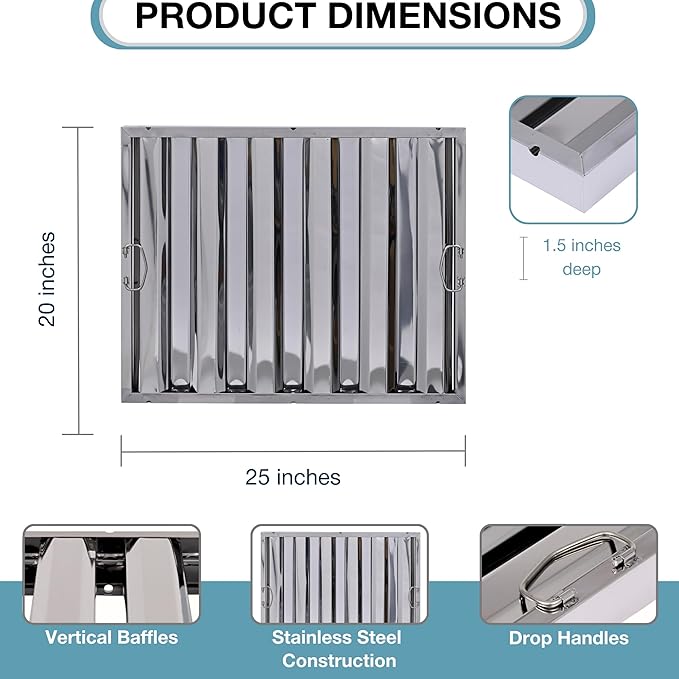 25" x 20" Stainless Steel Commercial Hood Filter – Dishwasher Safe, Welded Baffle Grease Trap with Drop Handles – Easy Installation & Durable Grease Fire Prevention Filter