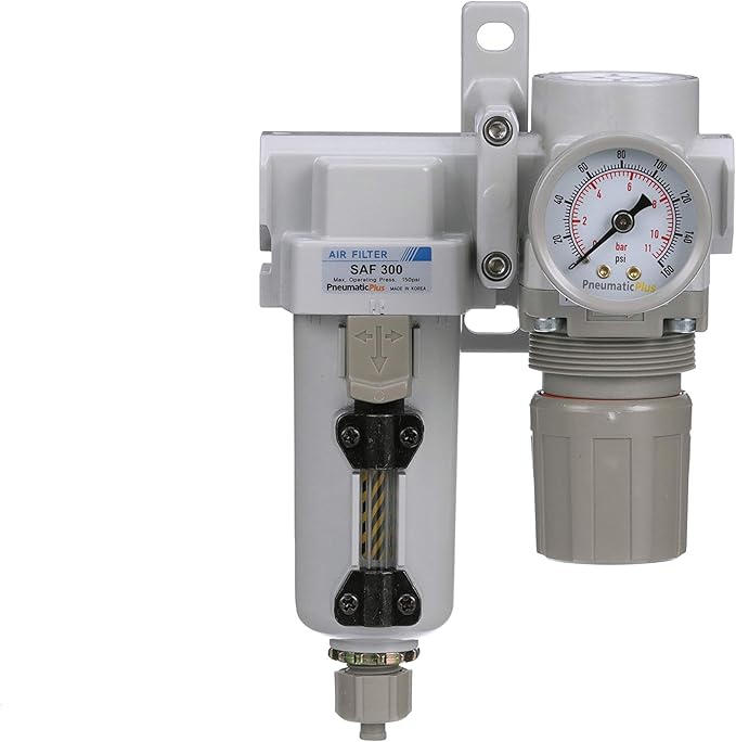 PneumaticPlus SAU320-N03G-MEP Compressed Air Filter Regulator Combo 3/8" NPT - Metal Bowl, Manual Drain, Bracket, Gauge