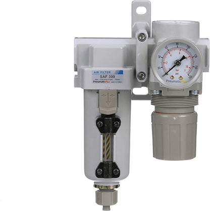 PneumaticPlus SAU320-N03G-MEP Compressed Air Filter Regulator Combo 3/8" NPT - Metal Bowl, Manual Drain, Bracket, Gauge