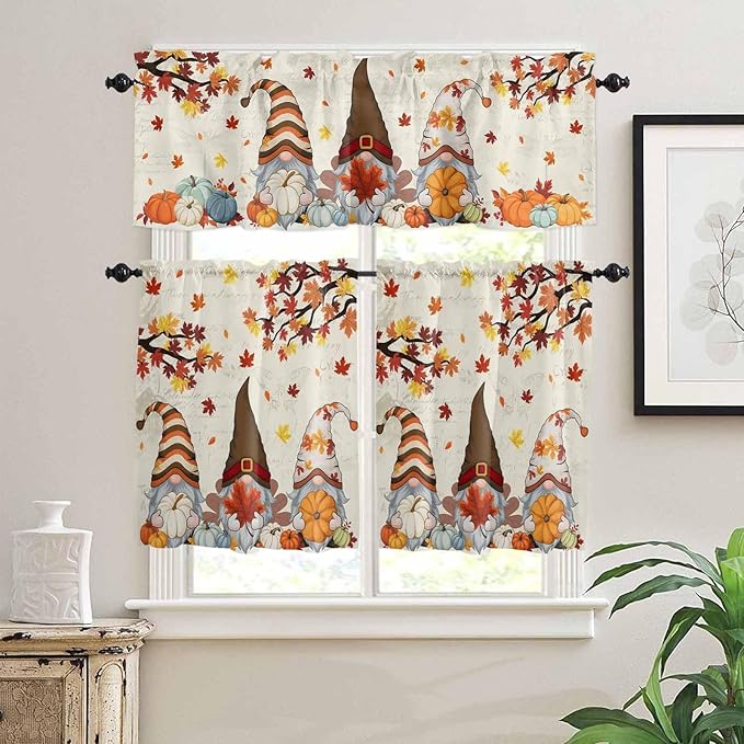 Fall Kitchen Curtain Set, Thanksgiving Gnomes Maple Leaf Pumpkin Beige Window Valance and Tiers 24" Length, Light Filtering Short Curtains Valance for Cafe Bathroom Bedroom 54"x18"