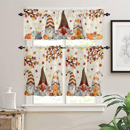 Fall Kitchen Curtain Set, Thanksgiving Gnomes Maple Leaf Pumpkin Beige Window Valance and Tiers 24" Length, Light Filtering Short Curtains Valance for Cafe Bathroom Bedroom 54"x18"