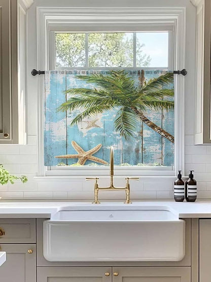 Sheer Curtains 45 Inch Length, Coastal Beach Blue Semi Sheer Curtains Light Filtering Window Treatment, Tropical Coconut Tree Vintage Wood Grain Privacy Voile Drapes for Living Room Bedroom 52x45 Inch