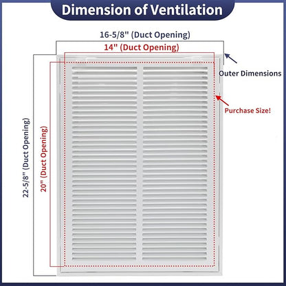 14"W x 20"H [Duct Opening Size] Steel Return Air Filter Grille - Removable Face/Door for 1 inch Filters -HVAC Vent Cover Grill - White [Outer Dimensions: 16 5/8"W X 22 5/8"H]