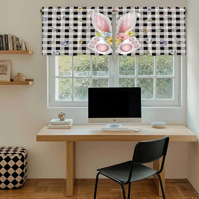 Easter Kitchen Tier Curtains 24 Inch Long 2 Panel Set,Rod Pocket Cafe Small Window Curtains Over Sink,Spring Rabbits Ears Feet Wildflowers Black Plaid Light Filtering Short Drapes 27.5"W x 24"L