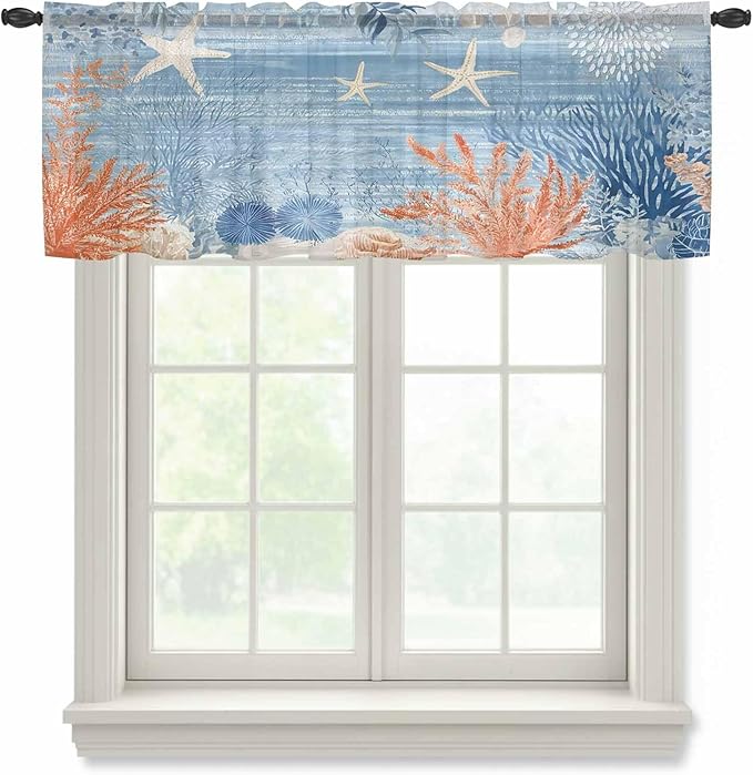 Ocean Corals Sheer Valance Curtains, Summer Beach Coral Sea Stars Blue Stripes Light Filtering Kitchen Valances Rod Pocket Voile Curtain Window Treatment for Bedroom/Living Room/Basement 60Wx18L