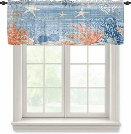 Ocean Corals Sheer Valance Curtains, Summer Beach Coral Sea Stars Blue Stripes Light Filtering Kitchen Valances Rod Pocket Voile Curtain Window Treatment for Bedroom/Living Room/Basement 54Wx18L