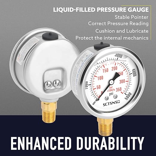2-1/2" Dial Size, 0-5000 Psi Pressure Gauge, Glycerin Liquid Filled, 1/4" NPT Lower Mount, Stainless Steel Case, for Regulator, HVAC System, Beer Keg, Brew Setup, Hydraulic, High Pressure Test
