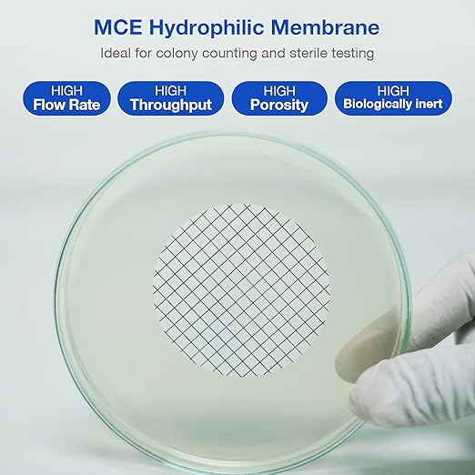 SimPure MCE Gridded Membrane Filter Sterile, 47mm Diameter and 0.45um Pore Size, Individual Pack Membrane Disc Filter, Hydrophilic Filter Paper, Pack of 100