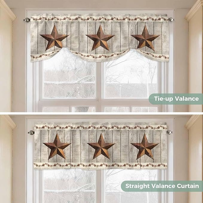 Western Texas Star Retro Tie Up Valance Curtains for Windows, Kitchen Curtains Window Shades, Country Farmhouse Gray Wood Grain Light Filtering Roman Curtain Valances for Bedroom/Bathroom/Cafe 54"x18"