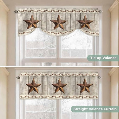 Western Texas Star Retro Tie Up Valance Curtains for Windows, Kitchen Curtains Window Shades, Country Farmhouse Gray Wood Grain Light Filtering Roman Curtain Valances for Bedroom/Bathroom/Cafe 54"x18"