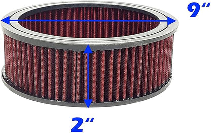 Round Washable Air Filter Cleaner Red Element Replacement Filter Flow Kit (9" X 2")