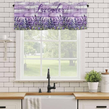 Kitchen Valances for Window, Retro Lavender on Farm Wood Grain Light Filtering Rod Pocket Valance Curtain, Watercolor Purple Flowers Short Curtains Window Topper for Bedroom Living Room 42x12in