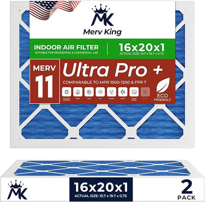 MervKing 16x20x1 Air Filter Actual Size: 15.7" x 19.7" x 0.75" MERV 11 MPR 1000-1200 | MADE IN USA | 2-Pack | Pleated HVAC AC Furnace Replacement