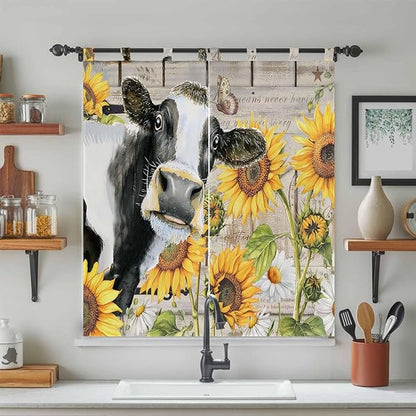 Yellow Sunflowers Bathroom Curtains 63 Inch Length, Window Curtains Tab Top, Farmhouse Cow Barn Doors Floral Butterfly Light Filtering Window Treatments Drapes 52"x63" 2 Panel