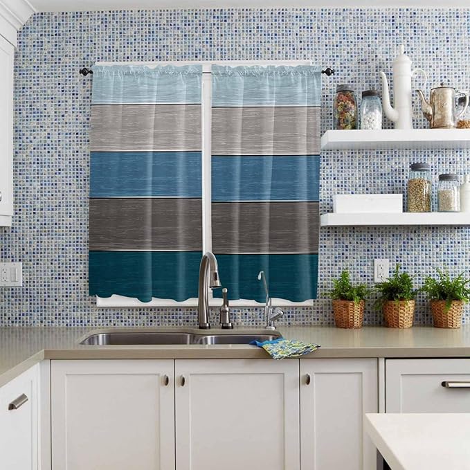 Retro Farm Blue Gray Wood Grain Window Valance Curtains, Rustic Wooden Plank Light Filtering Kitchen Valance with 3-inch Rod Pocket for Living Room Bathroom Bedroom,2 Panel,42x63In