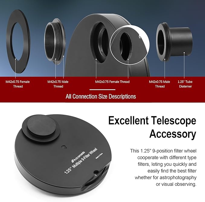 Astromania Telescope Filter Drawer, Multiple 9-Position Filter Wheel Holder for Telescope with T-Adapter, Telescope Accessories Compatible with 1.25 Inch Filters for Planetary Moon Nebula Observation