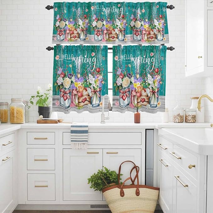 Kitchen Curtains Tiers and Valance Set of 3, Spring Flowers Light Filtering Window Curtain Set, Farmhouse Watercolor Teal Wood Grain Rod Pocket Curtain Drapes for Cafe, Living Room, 24 Inches Tiers
