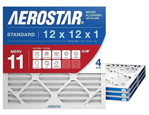 Aerostar 12x12x1 MERV 11 - 4 Count - Pleated Furnace & Air Conditioner Filters - Removes Dust Mites, Cold & Flu Germs, Lint, Mold, Pet Dander, Allergy-Causing Pollen, Smog & Smoke