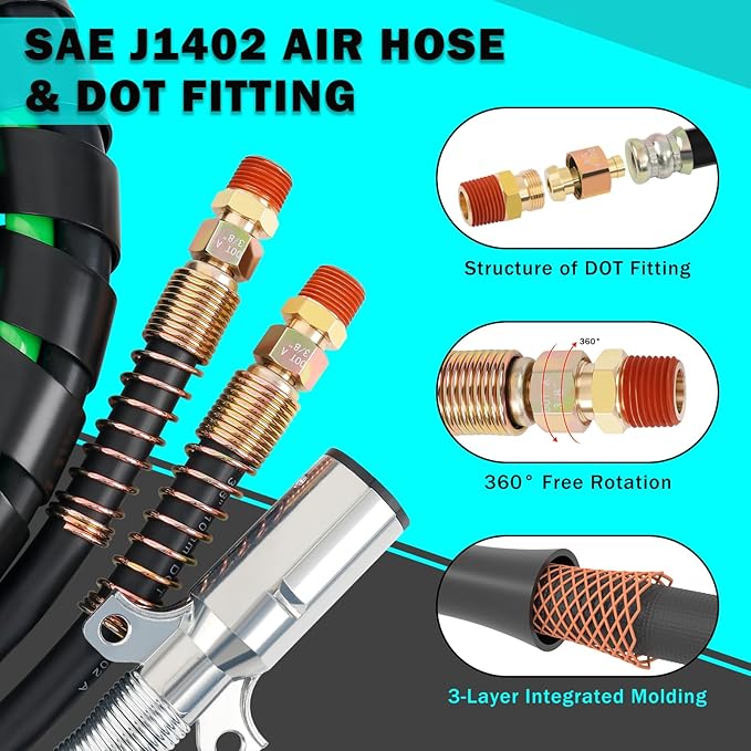 CheeMuii 15 FT Semi Truck Air Line Kit with Gladhands, Air Line Holder, Springs & 7 Way Trailer Cord