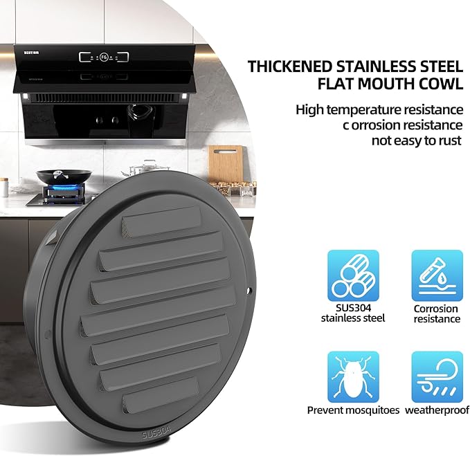 6inch 304 Stainless Steel Air Vents, Louvered Grille Cover Vent Hood Flat Ducting Ventilation Air Vent Wall Air Outlet with Fly Screen Mesh for House (6 inch Black Paint Cover （150mm）)