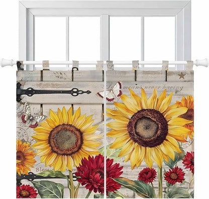 Red Yellow Sunflowers Bedroom Curtains 63 Inch Length, Window Curtains Tab Top, Retro Rustic Barn Doors Butterfly Brown Light Filtering Window Treatments Drapes 42"x63" 2 Panel