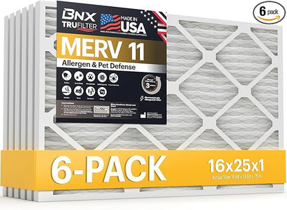 BNX TruFilter 16x25x1 Air Filter MERV 11 (6-Pack) - MADE IN USA - Allergen Defense Electrostatic Pleated Air Conditioner HVAC AC Furnace Filters for Allergies, Dust, Pet, Smoke, Allergy MPR 1200 FPR 7