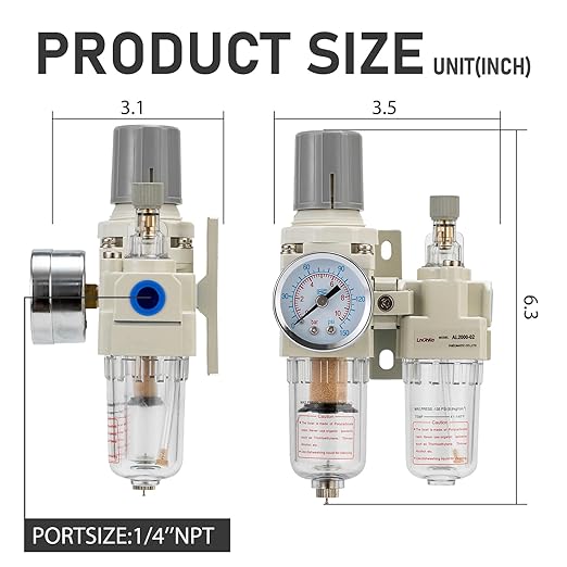 Air Pressure Regulator with Pressure Gauge(0-150PSI),Water Separator for Air Compressor Semi-Auto Drain 1/4 NPT Threaded Interface