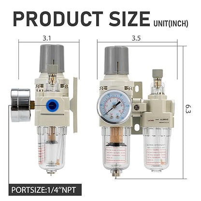 Air Pressure Regulator with Pressure Gauge(0-150PSI),Water Separator for Air Compressor Semi-Auto Drain 1/4 NPT Threaded Interface