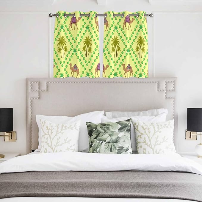 2 Panel Kitchen Cafe Curtains, Desert Sand Camels Sunlight Filtering Nature Air Through, Window Decor Tier Curtains for Living Room 104W x 52L inch Palm Trees Tropical Plants Polka Dot Yellow
