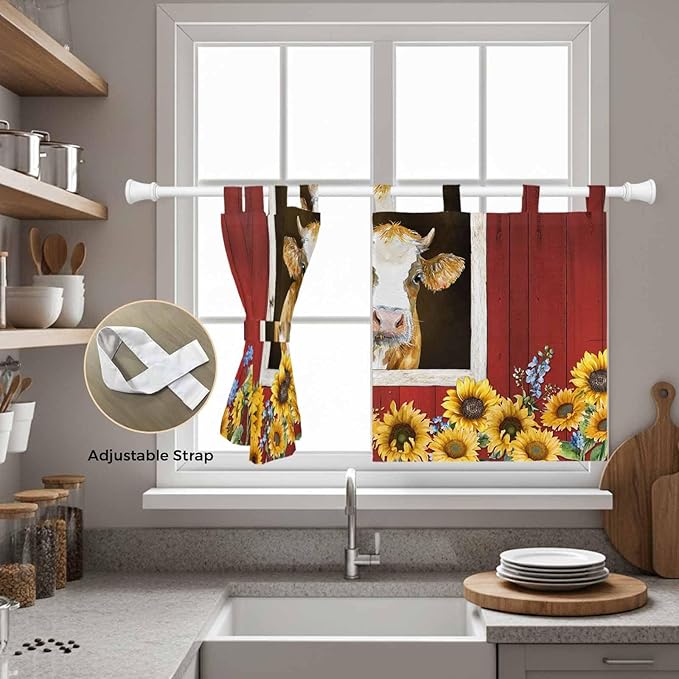 Cows Sunflowers Kitchen Curtains 24 Inch Length, Small Window Curtains Tab Top, Spring Floral Bees Farmhouse Barn Light Filtering Short Window Treatments Tier Drapes 27.5"x24" 2 Panel