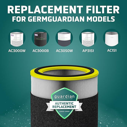 GermGuardian Filter V HEPA Pure Genuine Air Purifier Replacement Filter, Removes 99.97% of Pollutants, Wildfire Smoke, Odors, for Models AC3000W, AC3000B, AC3050, AP3151, AC151, Black/Yellow, FLT151