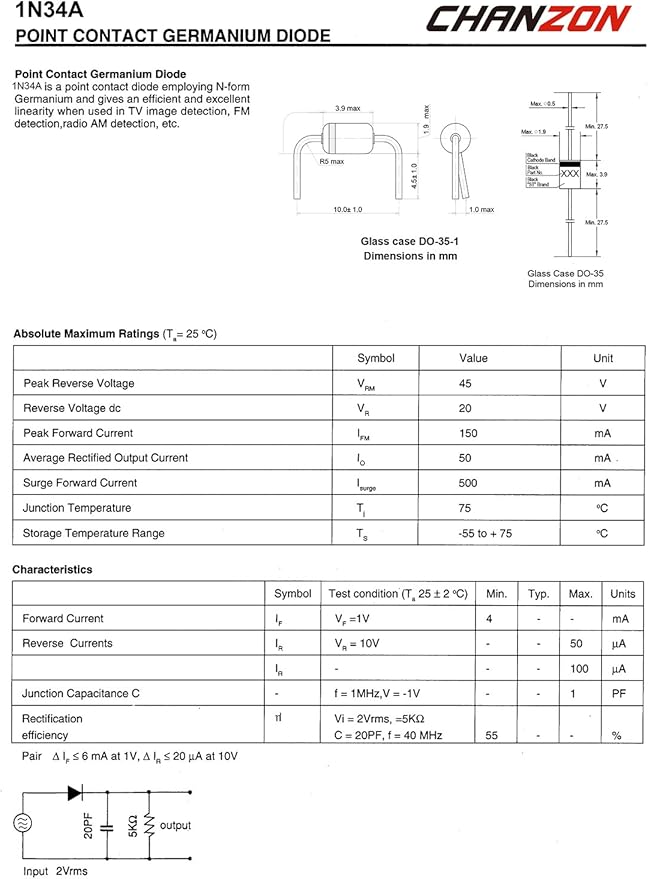 (Pack of 20 Pieces) Chanzon 1N34A 1N34 Schottky Diode 50mA 65V DO-35 (DO-204AH) IN34A IN34 Axial for TV FM AM Radio Detection