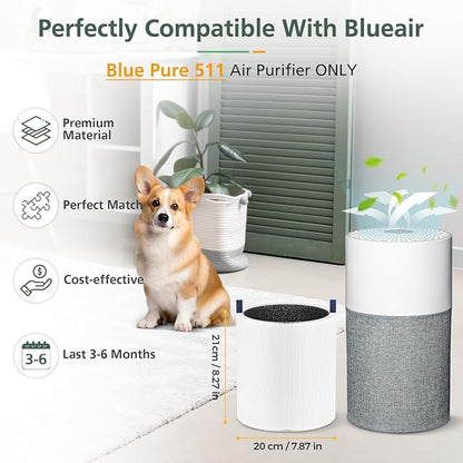 Blue Pure 511 Replacement Filter Compatible with Blueair Blue Pure 511 Air Purifier, 2-in-1 511 HEPA Particle Filter and Activated Carbon Filter, 2 Pack
