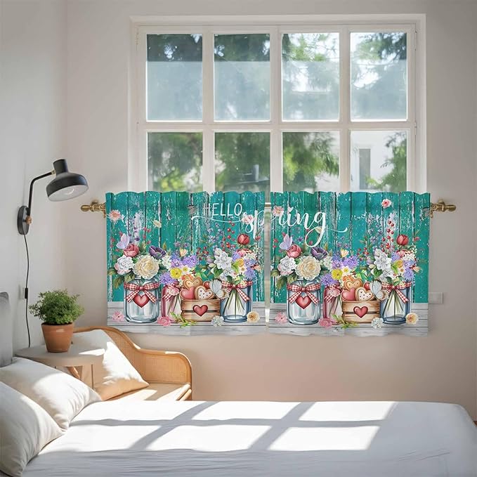 Spring Flowers Tier Curtains, Farmhouse Watercolor Teal Wood Grain Light Filtering Kitchen Curtains, 2Pcs Rod Pocket Half Window Treatments Panels for Sink Cafe Cabinet Camper 27.5x24 Inches