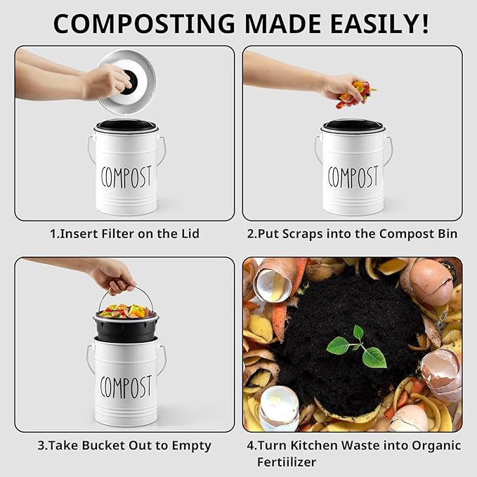 Kitchen Compost Bin, 1 Gallon Countertop Compost Bin with Lid, Indoor Compost Bucket, Includes Inner Bucket Liner and Carbon Filters, White