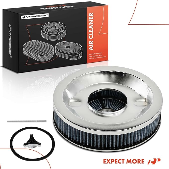 A-Premium 14"x3" Round Blue Chrome Universal Air Cleaner Filter Assembly - Compatible with Chevrolet Chevy GMC Ford Models- Fit For 5-1/8" carburetor neck