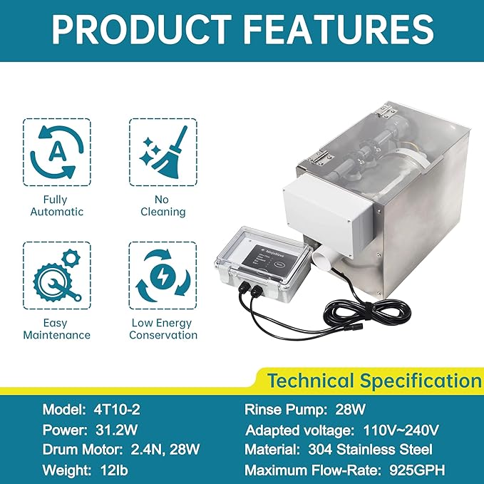 RINOO RDF Automatic Rotary Drum Filter for Koi Tilapia Pond, Fish Farm,Aquarium,Hydroponics, Aquaculture, Aquaponics, with Mobile Control Box, Smallest Koi Pond Filter 4T10-2