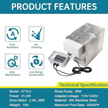 RINOO RDF Automatic Rotary Drum Filter for Koi Tilapia Pond, Fish Farm,Aquarium,Hydroponics, Aquaculture, Aquaponics, with Mobile Control Box, Smallest Koi Pond Filter 4T10-2