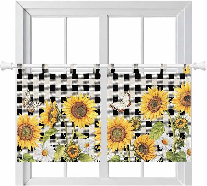 Sunflowers Kitchen Curtains 36 Inch Length, Small Window Curtains Tab Top, Yellow Flowers Butterfly Farmhouse Black Plaid Light Filtering Short Window Treatments Tier Drapes 27.5"x36" 2 Panel