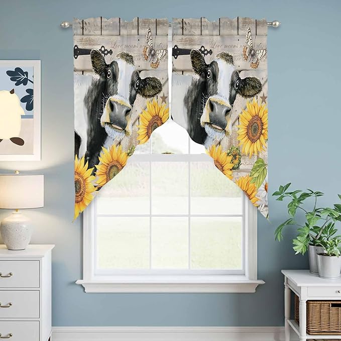 Yellow Sunflowers Swag Valances for Windows, Farmhouse Cow Barn Doors Floral Butterfly Rod Pocket Kitchen Curtains Valance, Kitchen Window Curtains Swag for Cafe Living Room, 2 Panels, 36x63 inch