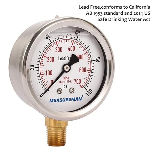 MEASUREMAN Lead-Free Pressure Gauge, 2-1/2inch Dial, Glycerin Filled, 0-100psi/kpa, Stainless Steel Case, 1/4inchNPT Lower Mount