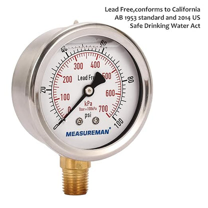 MEASUREMAN Lead-Free Pressure Gauge, 2-1/2inch Dial, Glycerin Filled, 0-100psi/kpa, Stainless Steel Case, 1/4inchNPT Lower Mount