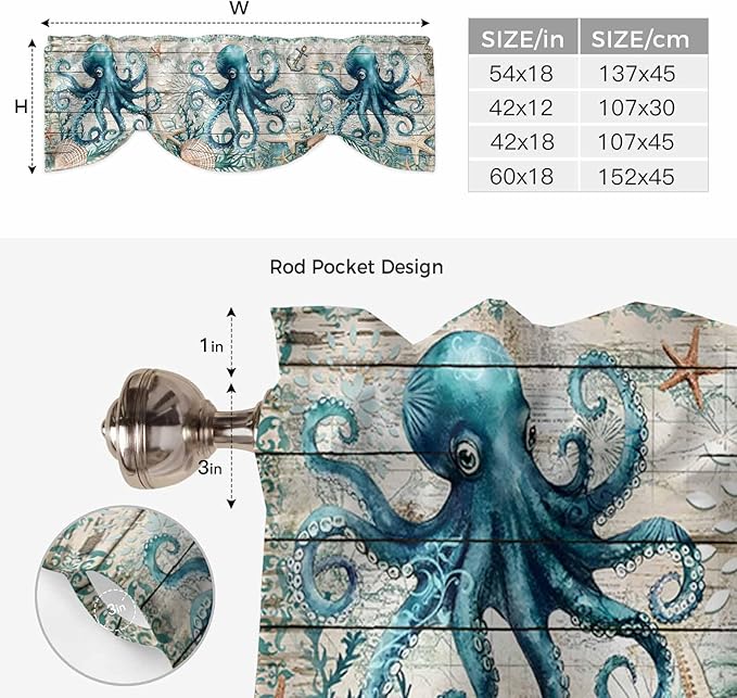 Sea Octopus Ocean Starfish Tie Up Valance Curtains,Nautical Anchor Vintage Wood Grain Kitchen Light Filtering Window Treatments with 3-inch Rod Pocket for Living Room,Bedroom,54x18In