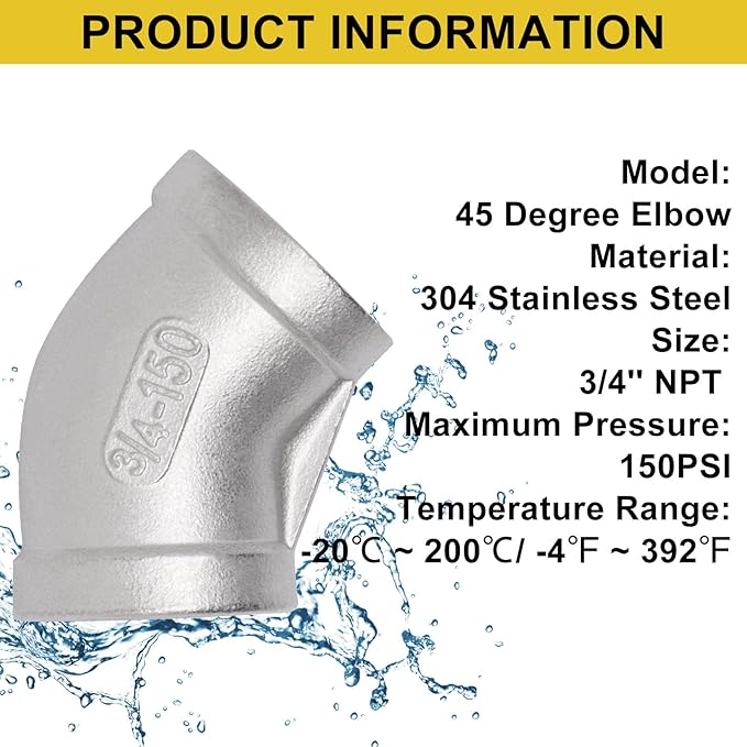 45 Degree Elbow 2PCS, 3/4" NPT Female x 3/4" NPT Female 304 Stainless Steel Pipe Fitting, Connector Coupler Apply to Outdoor/Garden/Industrial