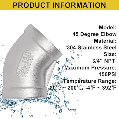 45 Degree Elbow 2PCS, 3/4" NPT Female x 3/4" NPT Female 304 Stainless Steel Pipe Fitting, Connector Coupler Apply to Outdoor/Garden/Industrial