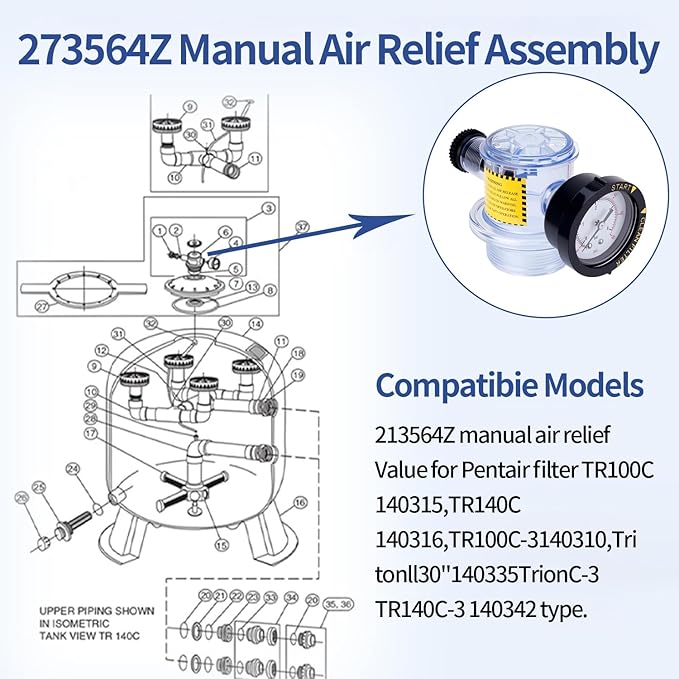 273564 273564Z Manual Air Relief Valve, Compatible with Pentair for Triton II,Triton C,TR100C and TR140C Pool Spa Sand Filters,Replacement for Pool and Spa Filter Air Relief Valve Assembly