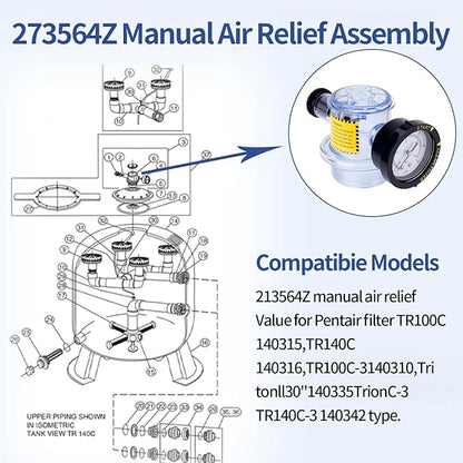 273564 273564Z Manual Air Relief Valve, Compatible with Pentair for Triton II,Triton C,TR100C and TR140C Pool Spa Sand Filters,Replacement for Pool and Spa Filter Air Relief Valve Assembly