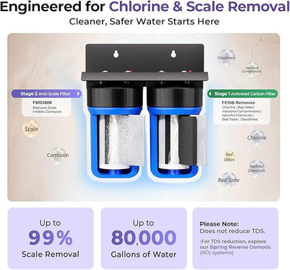 iSpring WGB21B-DS+AHPF12MNPT16X2 2-Stage Whole House Water Filtration System w/CTO Filter and Anti-Scale Filter, 3/4" Push-fit Stainless Steel Hose Connectors, Reduces Scale, Corrosion, Chlorine