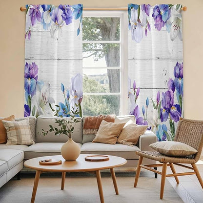 Spring Flowers Kitchen Curtains, Watercolor Garden Florals Wooden Grain Light Filtering Window Curtain Panels, 2Pcs Rod Pocket Window Treatments Set for Living Room Bathroom Bedroom 52x72 Inches